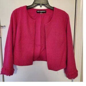 KARL LAGERFELD Hot Pink Tweed Open Front Fringe Sleeves Jacket Size Medium.